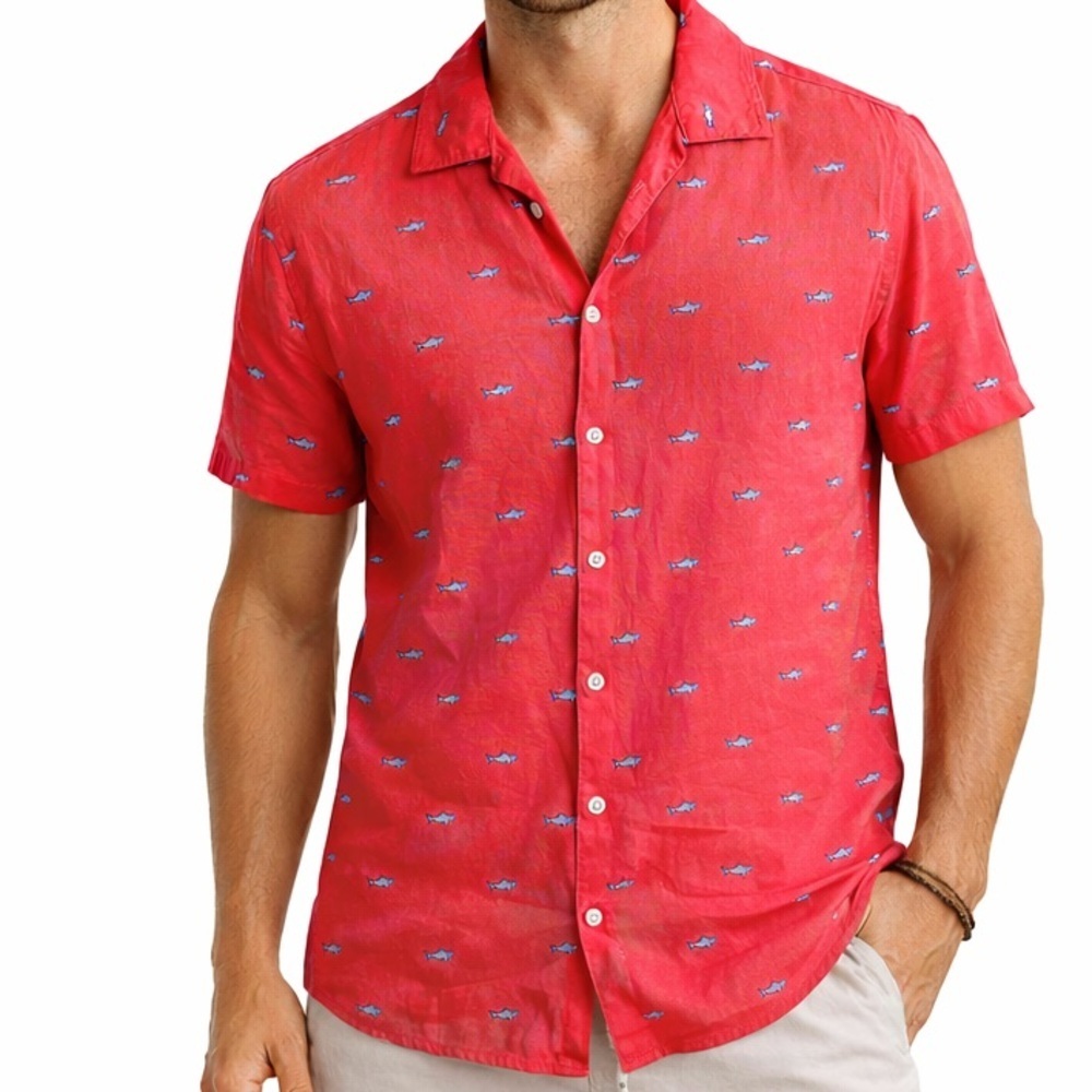 Trunks Surf & Swim Co Shark Print Button Down Shirt Red Coral Cotton Beach Small